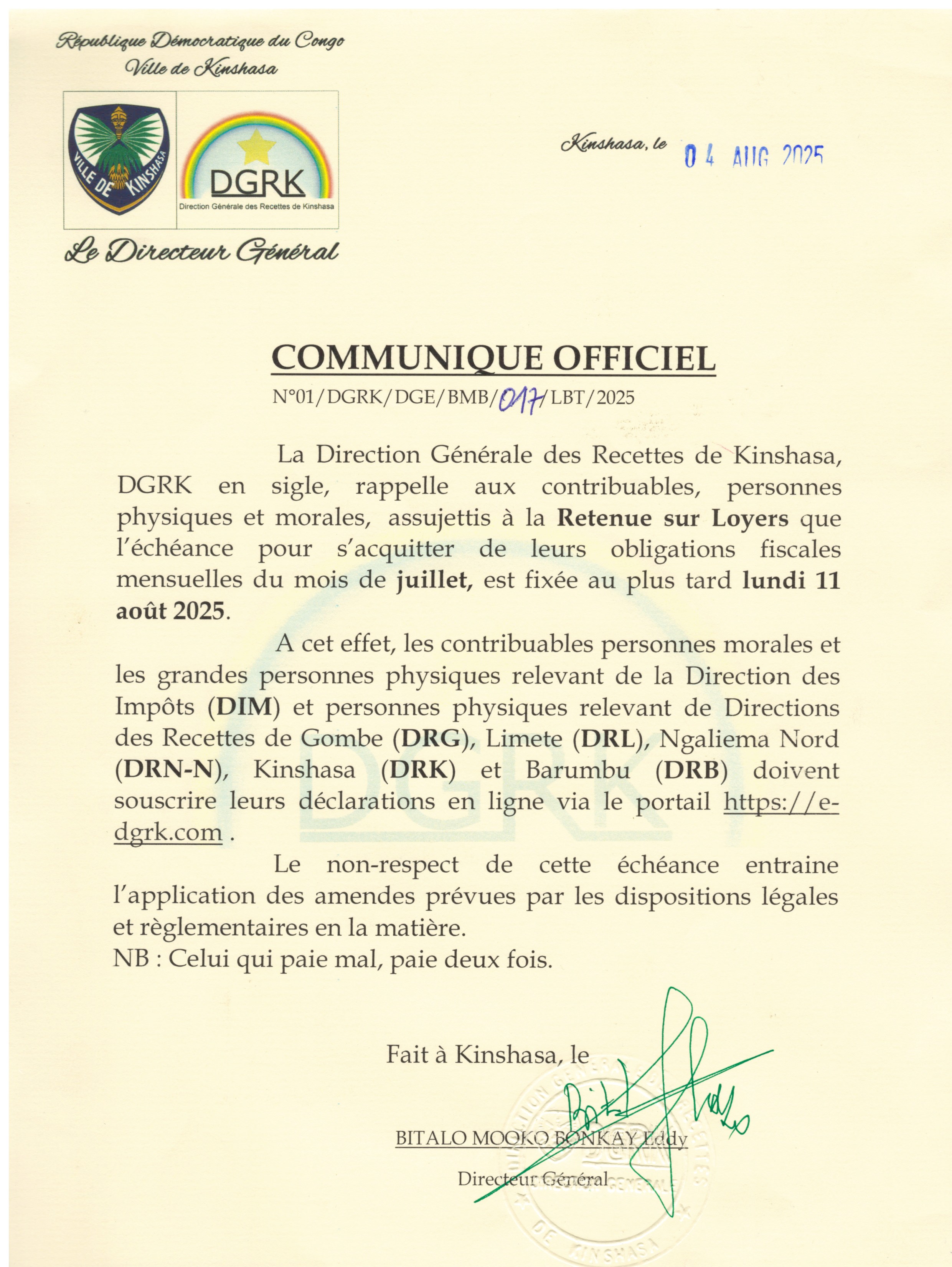 Vignette COMMUNIQUE OFFICIEL. Échéance du mois de juillet 2025