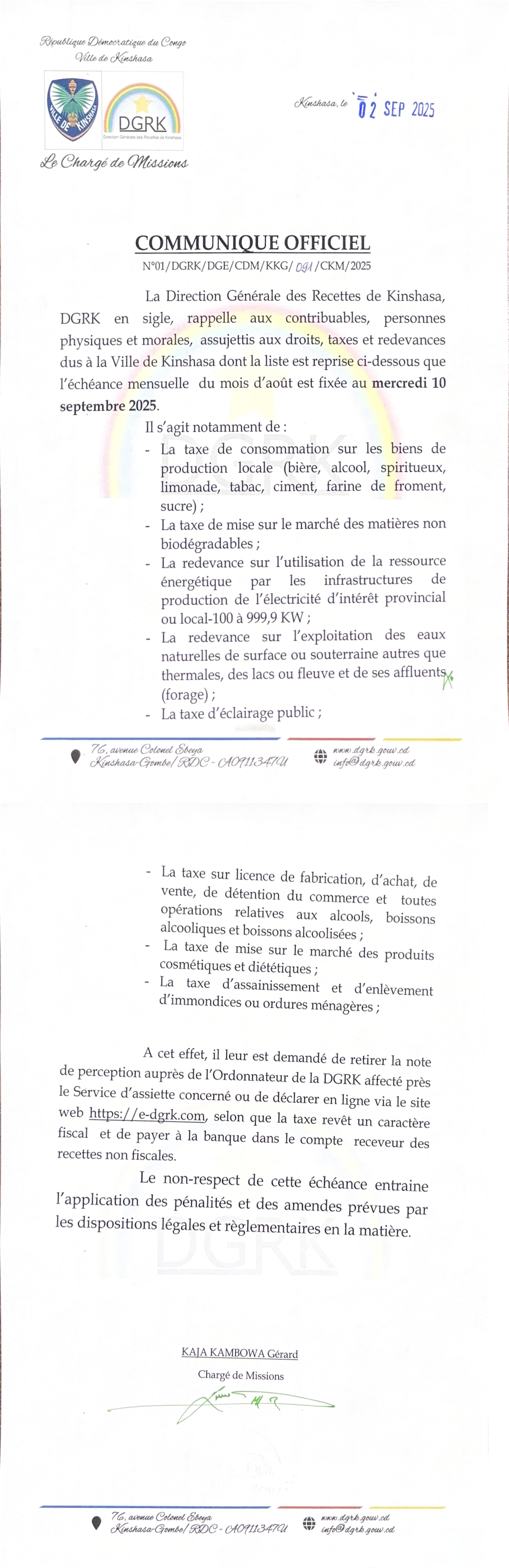 Vignette Rappel – Droits, taxes et redevances de la Ville de Kinshasa (Août 2025) Échéance : mercredi 10 septembre 2025